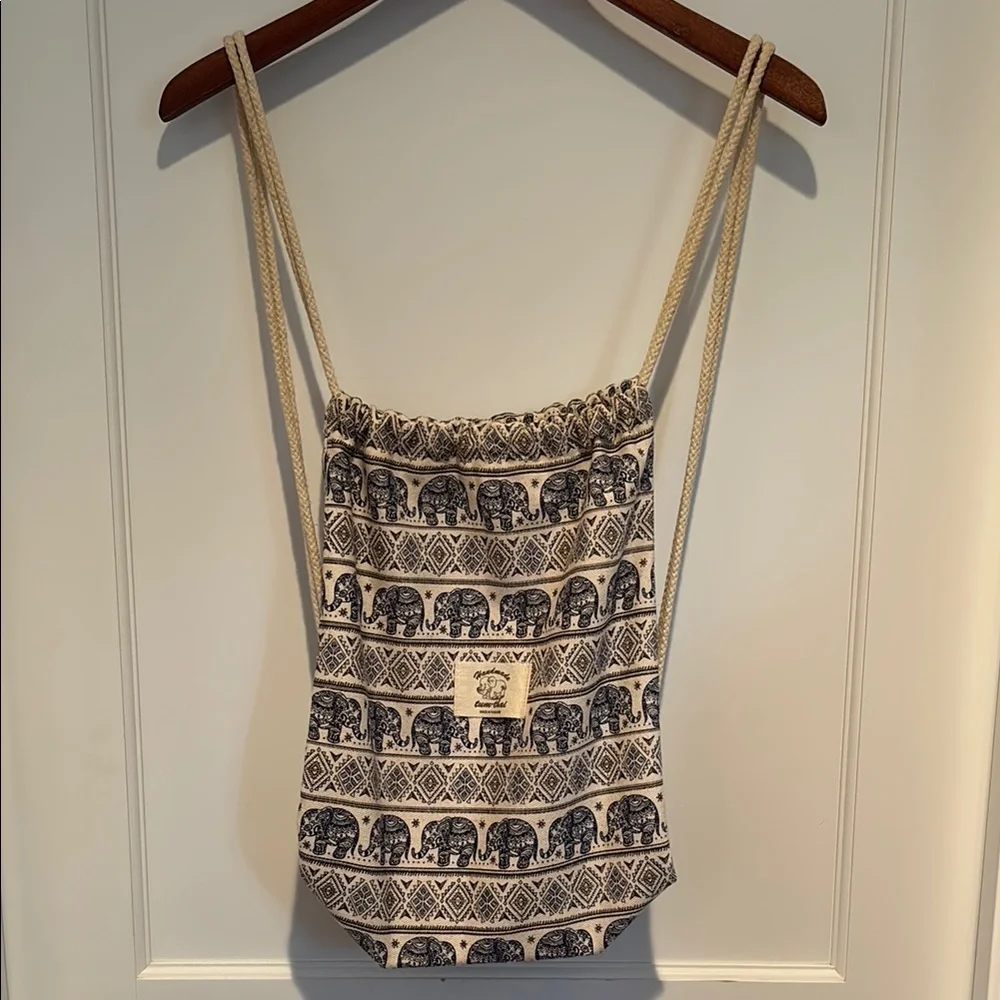 Handmade tum-thai canvas elephant print backpack with rope shoulder straps